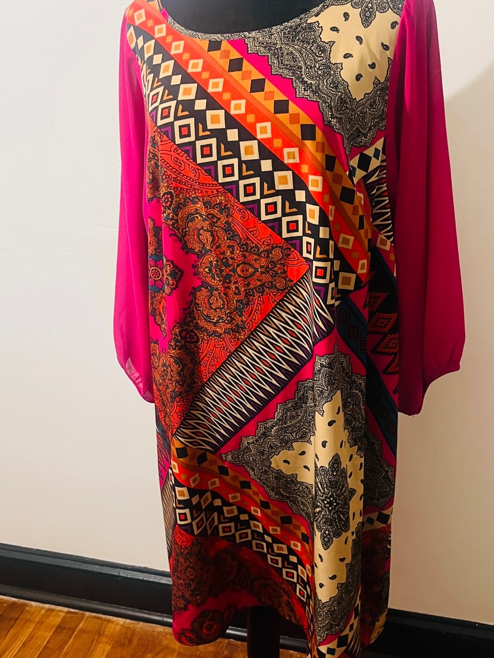I.N. Studio Fuchsia Multi-Pattern Long Sleeve Shift Dress